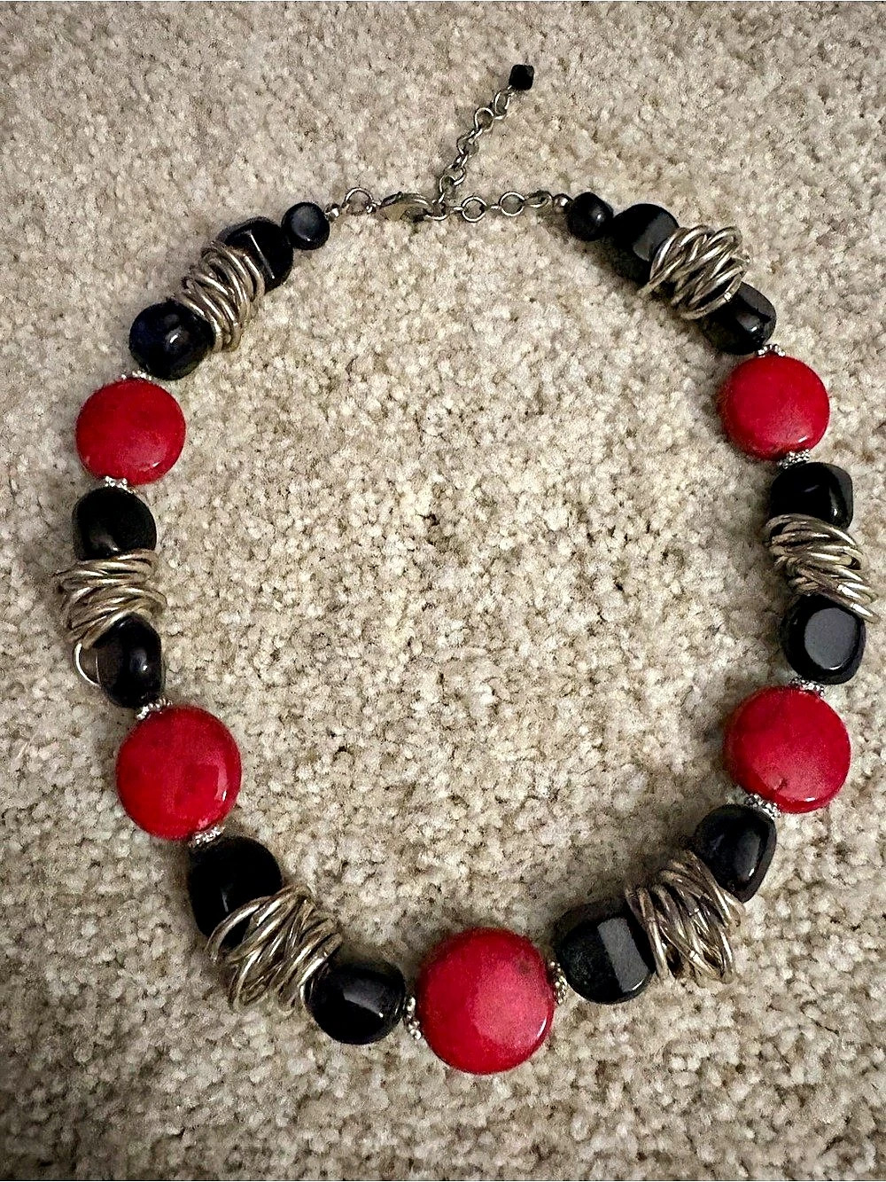 Red & Black Beaded Necklace and Earrings
